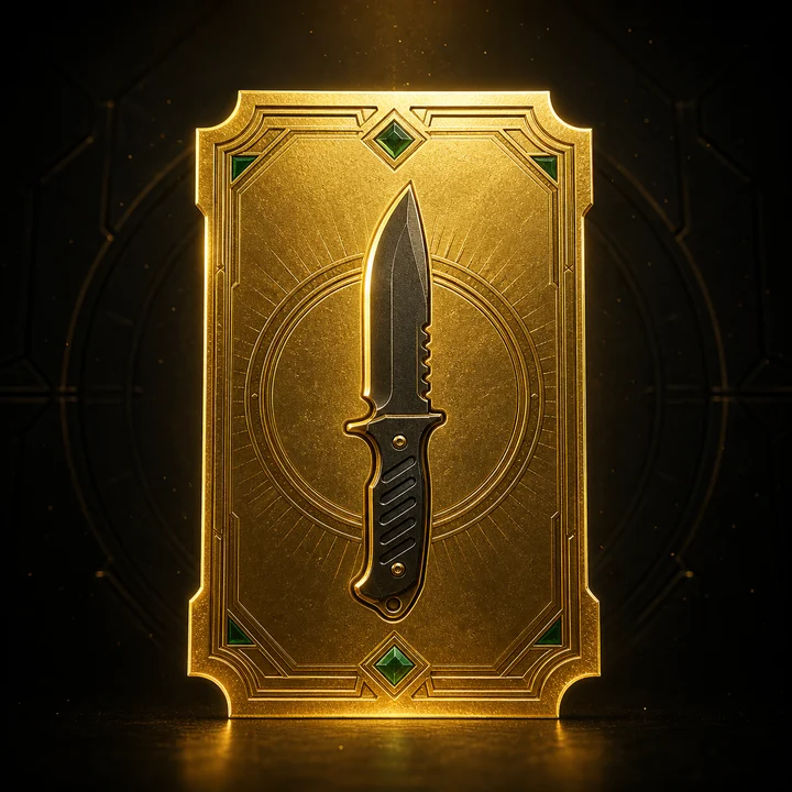 Golden ticket with a knife emblem